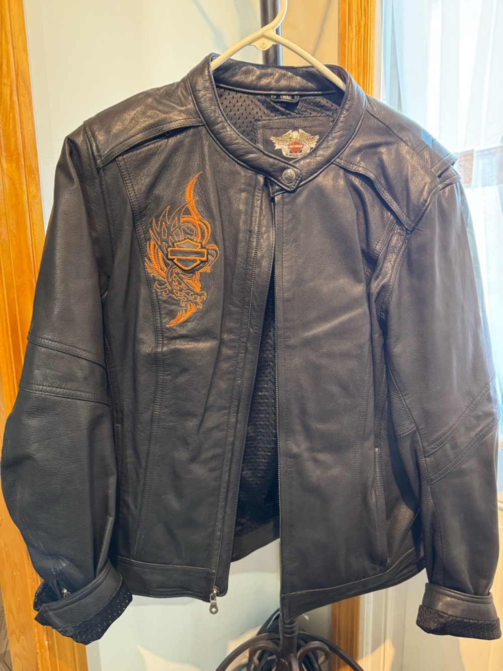 Harley-Davidson Black Leather Jacket with Orange Embroidered Flame Logo
